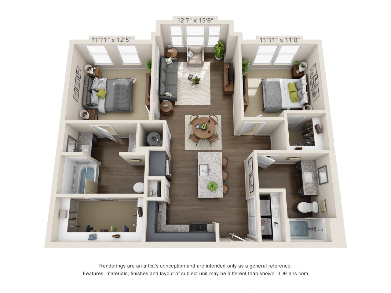 Floor plan for 2 beds, 2 baths, 1055 sqft